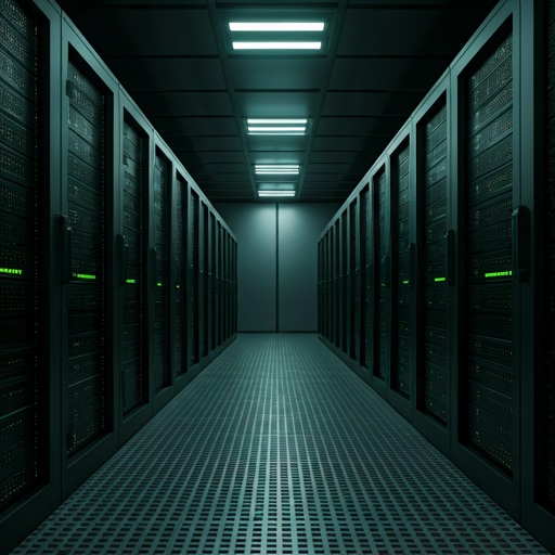 ultra-modern data center interior with symmetrical rows of server racks and glowing emerald diagnostic lights in a clean laboratory setting