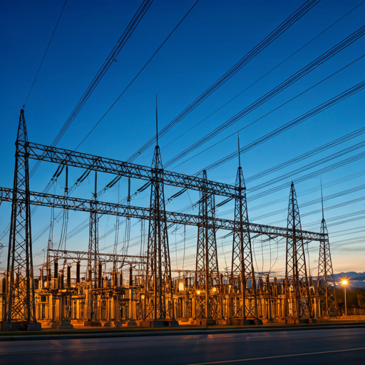 High voltage power lines and electrical substation grid infrastructure at dusk with dramatic lighting